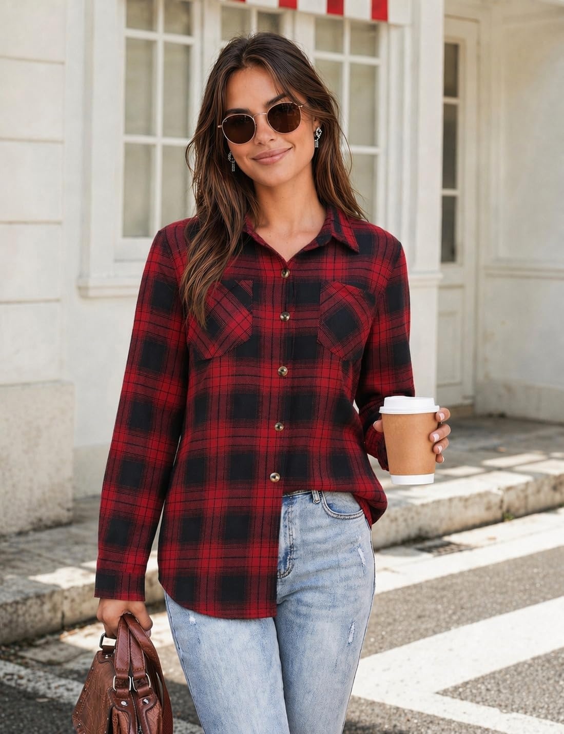 image:imageZeagoo Womens Flannel Plaid Shirts Long Sleeve Button Down Tops Work BlouseRed