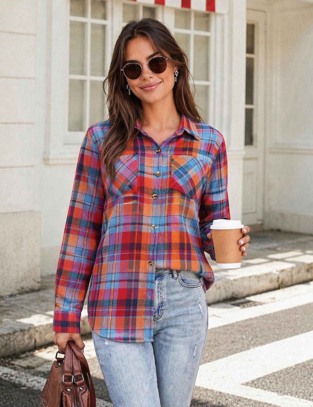 image:imageZeagoo Womens Flannel Plaid Shirts Long Sleeve Button Down Tops Work BlouseRetro Red Blue Plaid
