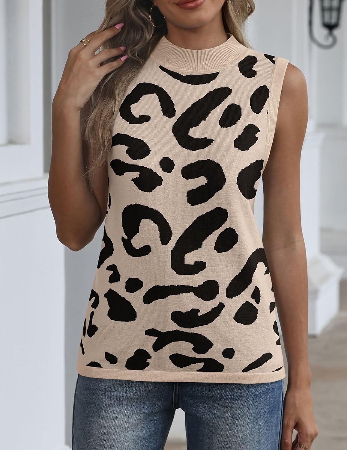 image:imageZeagoo Womens Sleeveless Tops Turtleneck Sweater Business Casual OutfitsA3brown Leopard