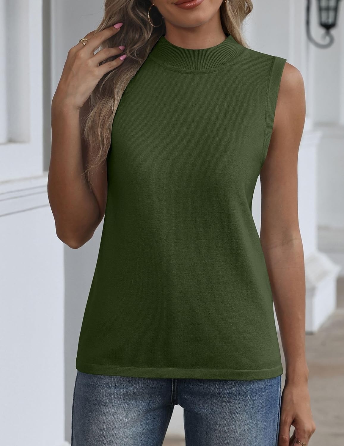 image:imageZeagoo Womens Sleeveless Tops Turtleneck Sweater Business Casual OutfitsGreen