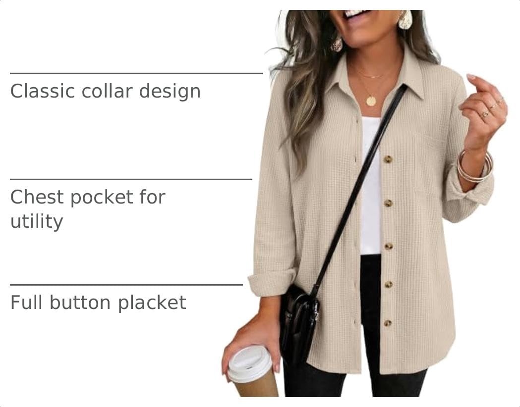 image:imageZeagoo Womens Waffle Knit Shacket Button Down Long Sleeve Tops with Pocket01apricot