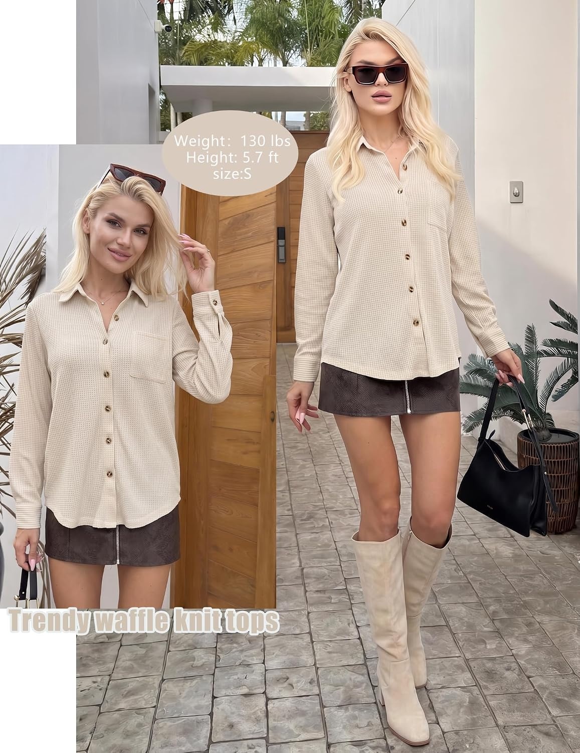 image:imageZeagoo Womens Waffle Knit Shacket Button Down Long Sleeve Tops with Pocket01apricot