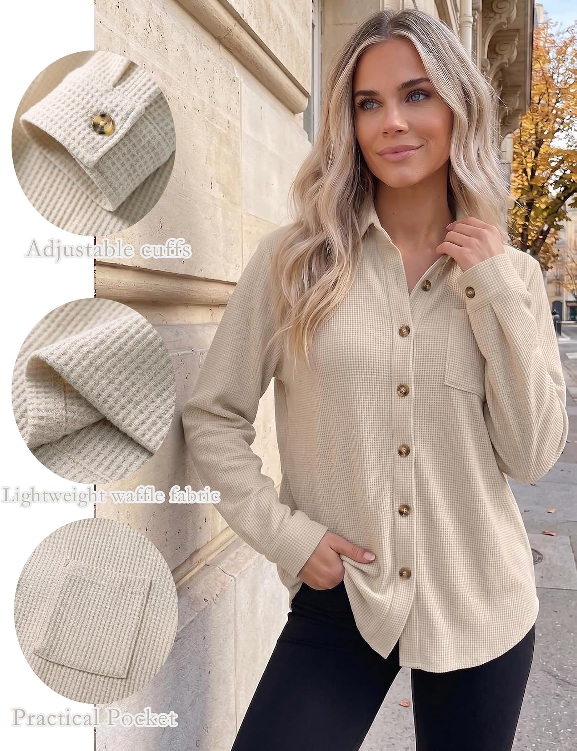image:imageZeagoo Womens Waffle Knit Shacket Button Down Long Sleeve Tops with Pocket01apricot