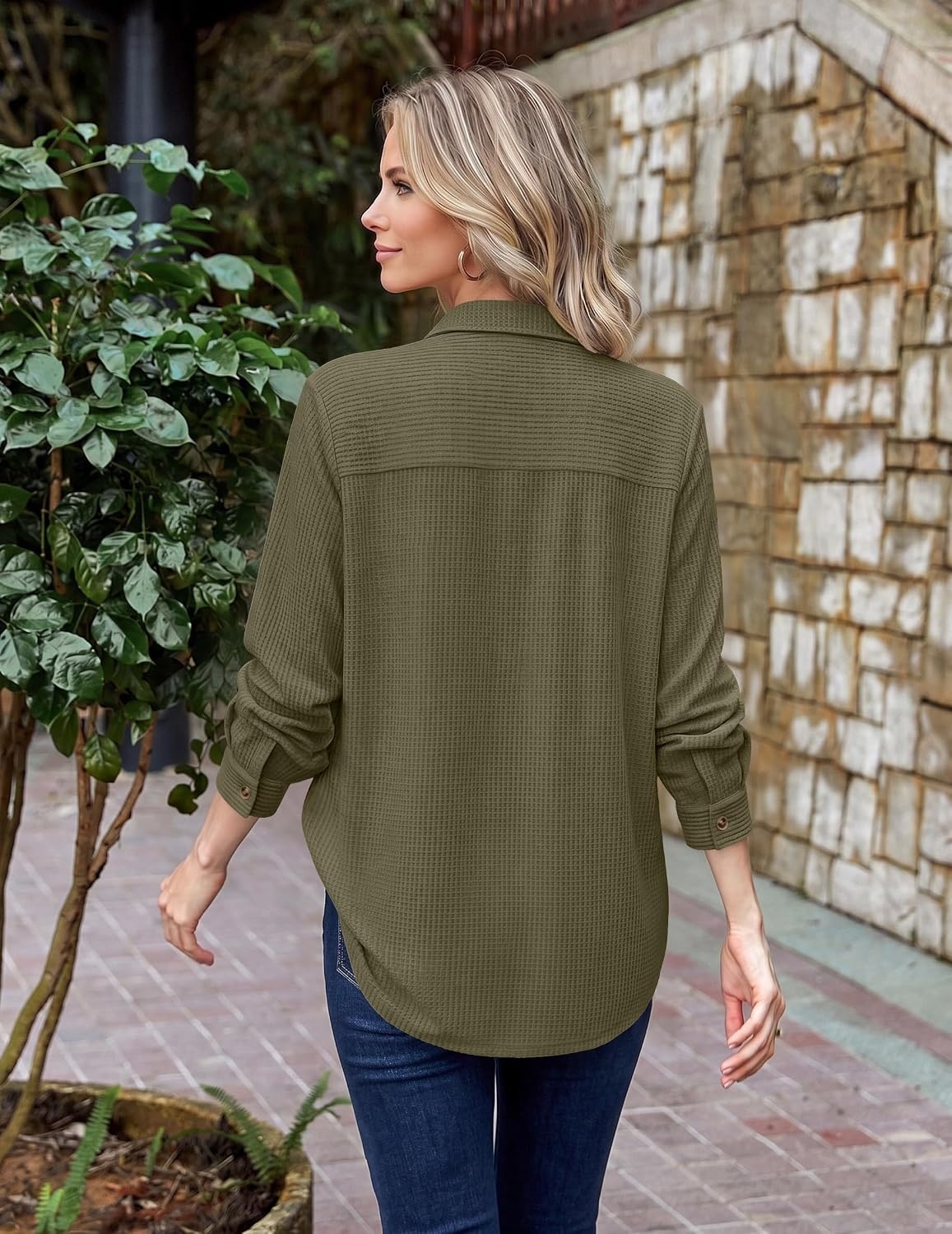 image:imageZeagoo Womens Waffle Knit Shacket Button Down Long Sleeve Tops with PocketArmy Green