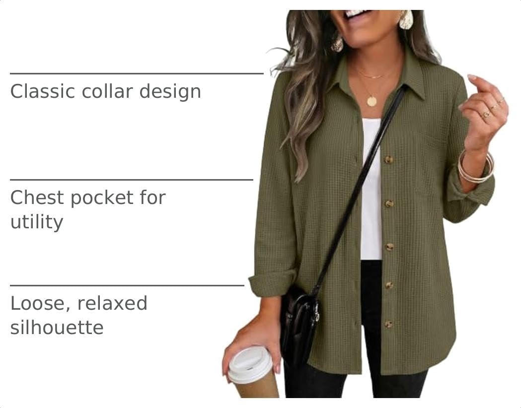 image:imageZeagoo Womens Waffle Knit Shacket Button Down Long Sleeve Tops with PocketArmy Green