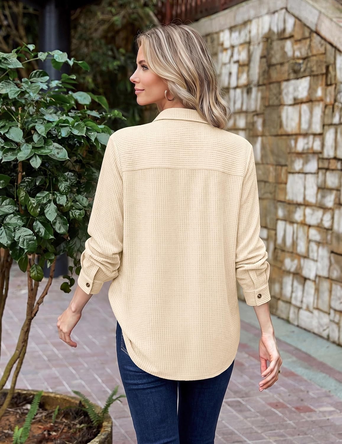 image:imageZeagoo Womens Waffle Knit Shacket Button Down Long Sleeve Tops with PocketBeige