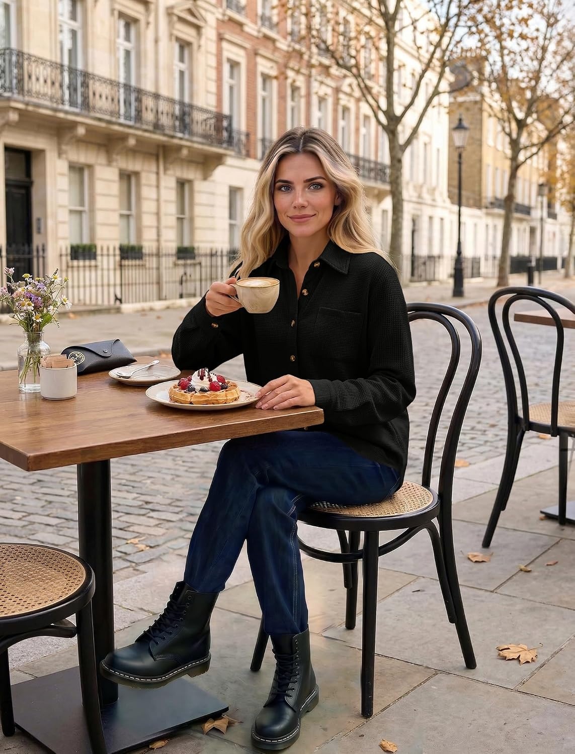 image:imageZeagoo Womens Waffle Knit Shacket Button Down Long Sleeve Tops with PocketBlack
