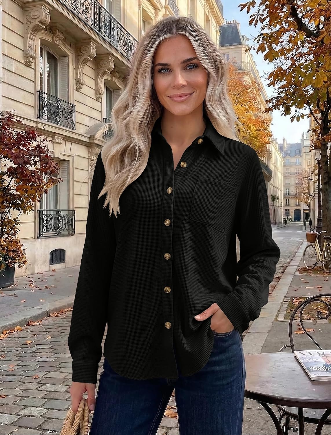 image:imageZeagoo Womens Waffle Knit Shacket Button Down Long Sleeve Tops with PocketBlack