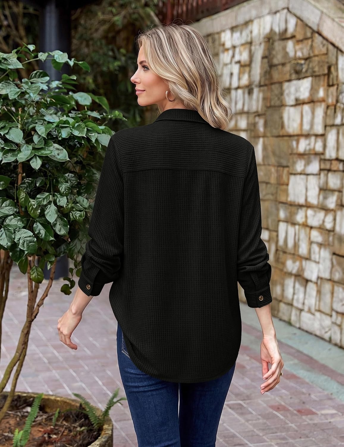 image:imageZeagoo Womens Waffle Knit Shacket Button Down Long Sleeve Tops with PocketBlack