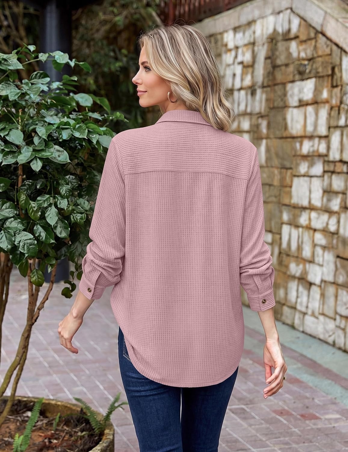 image:imageZeagoo Womens Waffle Knit Shacket Button Down Long Sleeve Tops with PocketBlush Rose