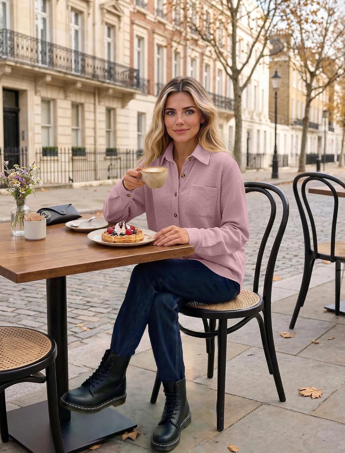 image:imageZeagoo Womens Waffle Knit Shacket Button Down Long Sleeve Tops with PocketBlush Rose
