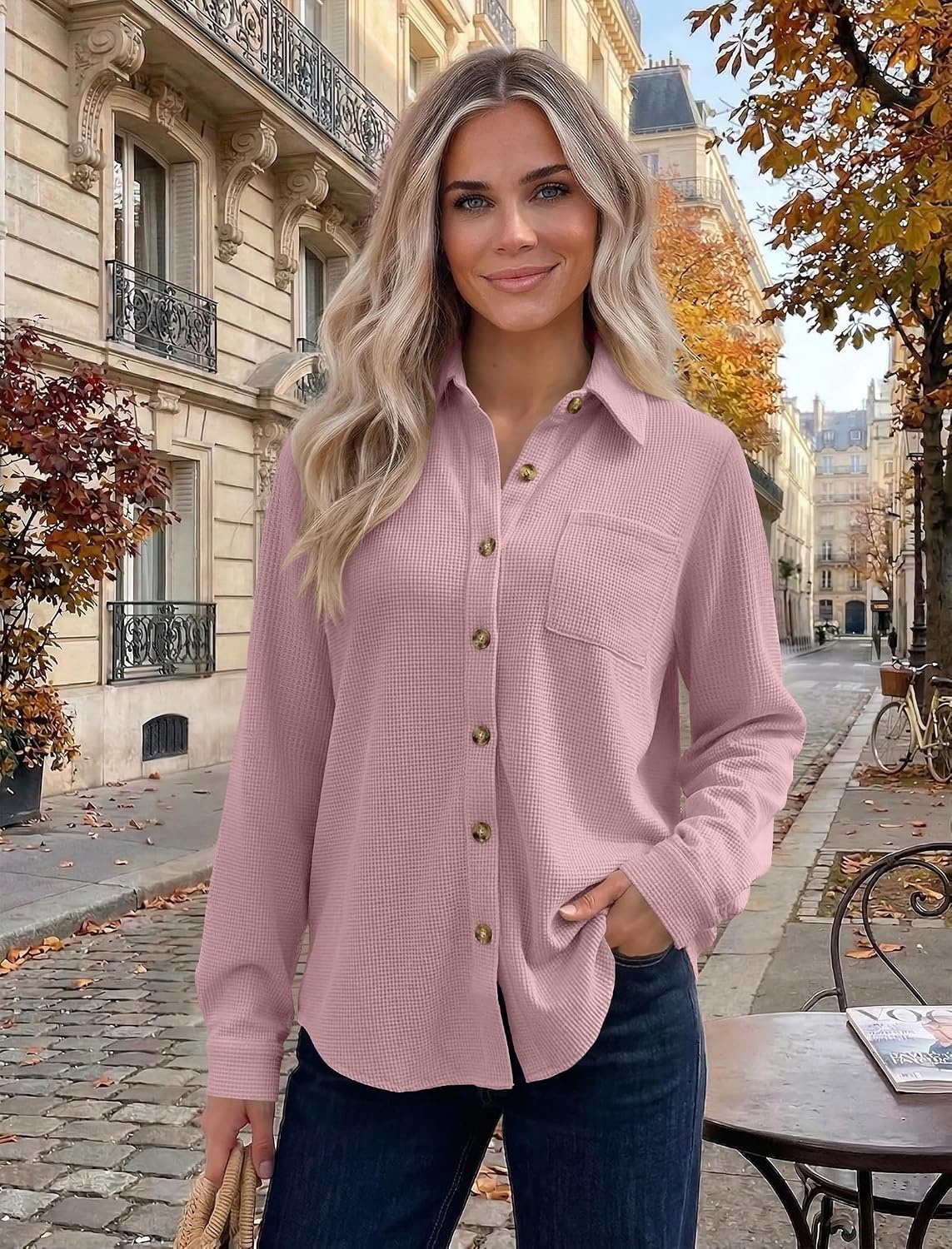 image:imageZeagoo Womens Waffle Knit Shacket Button Down Long Sleeve Tops with PocketBlush Rose