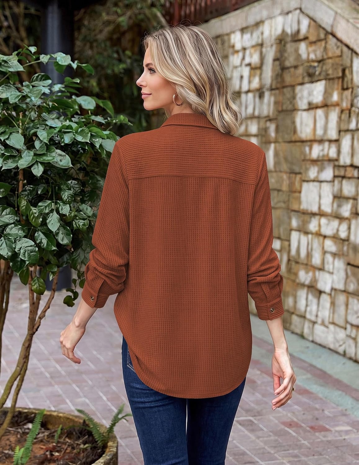 image:imageZeagoo Womens Waffle Knit Shacket Button Down Long Sleeve Tops with PocketCaramel