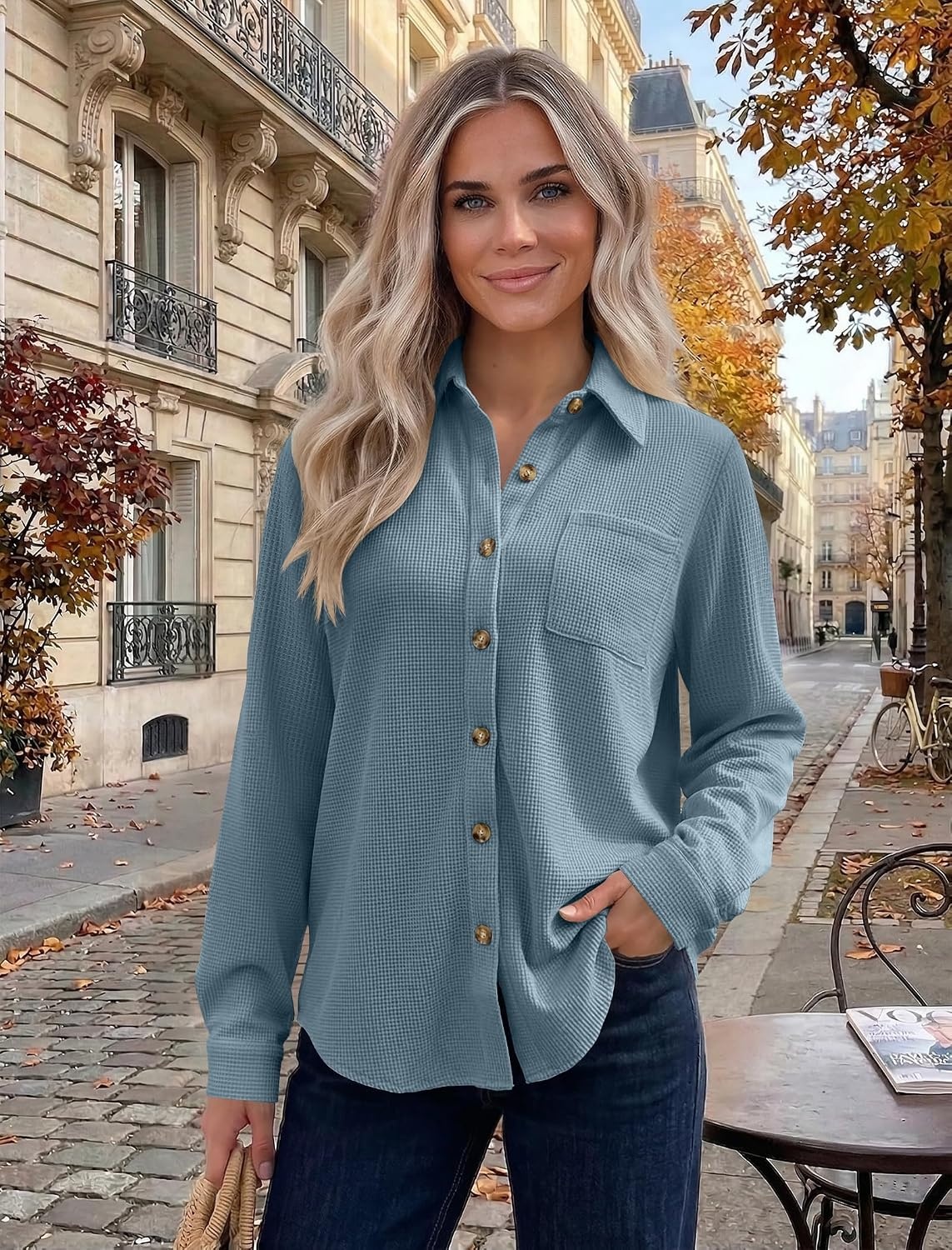 image:imageZeagoo Womens Waffle Knit Shacket Button Down Long Sleeve Tops with PocketClear Blue