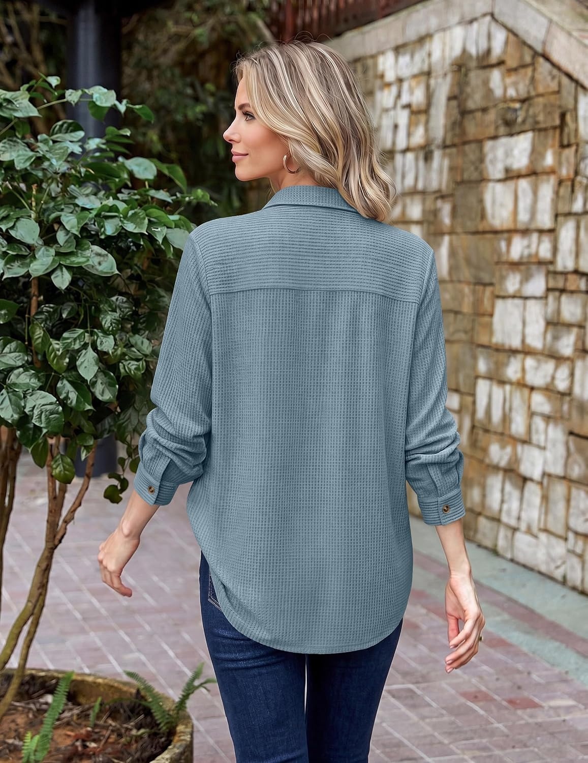 image:imageZeagoo Womens Waffle Knit Shacket Button Down Long Sleeve Tops with PocketClear Blue