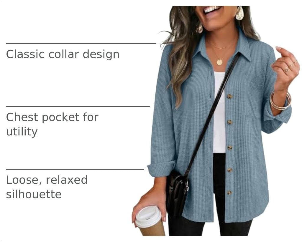 image:imageZeagoo Womens Waffle Knit Shacket Button Down Long Sleeve Tops with PocketClear Blue