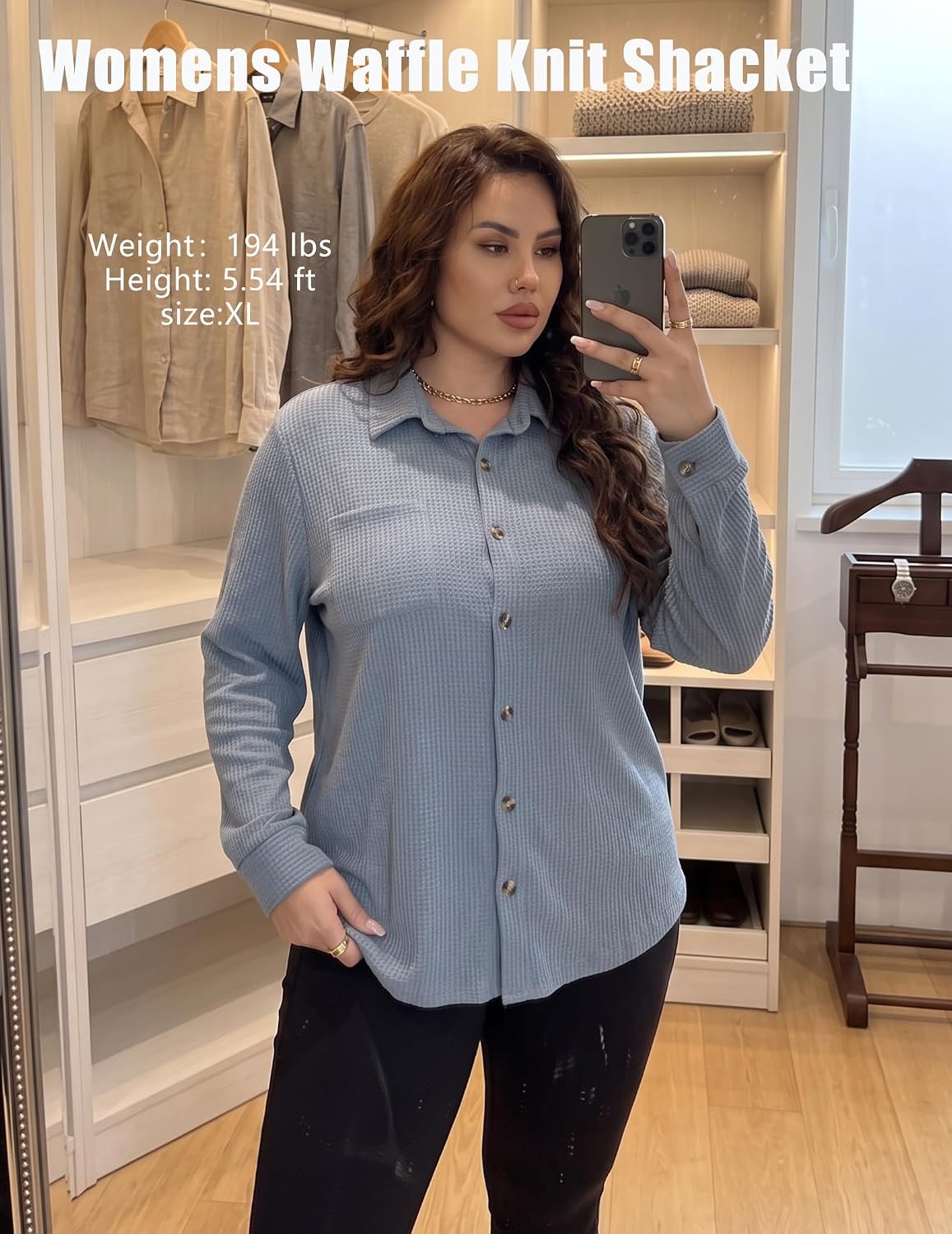 image:imageZeagoo Womens Waffle Knit Shacket Button Down Long Sleeve Tops with PocketClear Blue