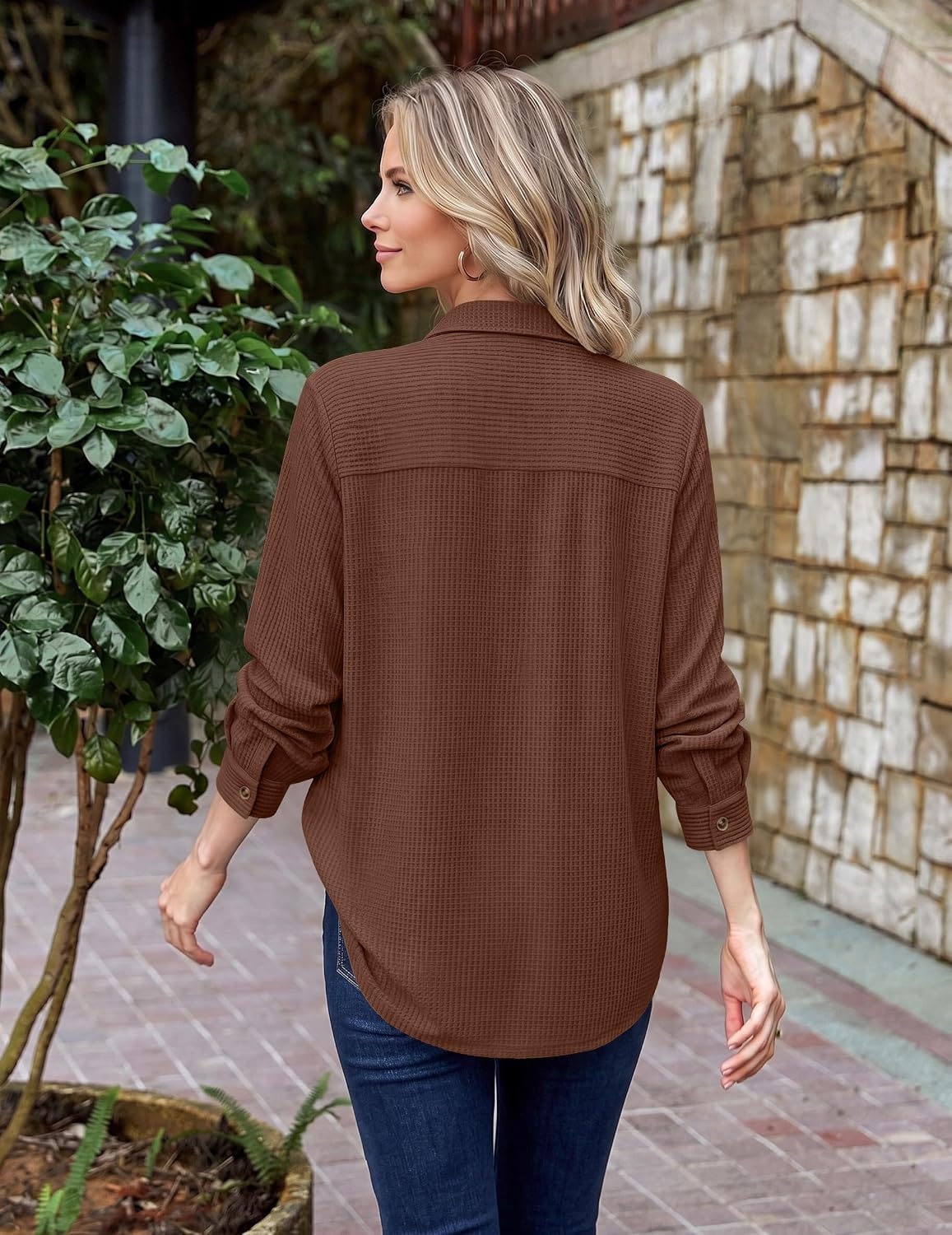 image:imageZeagoo Womens Waffle Knit Shacket Button Down Long Sleeve Tops with PocketCoffee