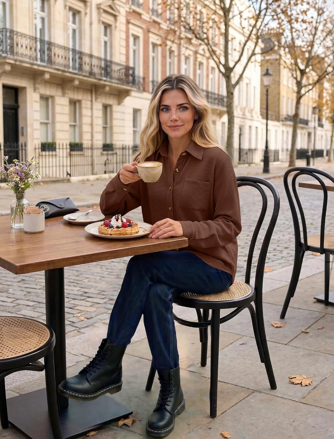 image:imageZeagoo Womens Waffle Knit Shacket Button Down Long Sleeve Tops with PocketCoffee