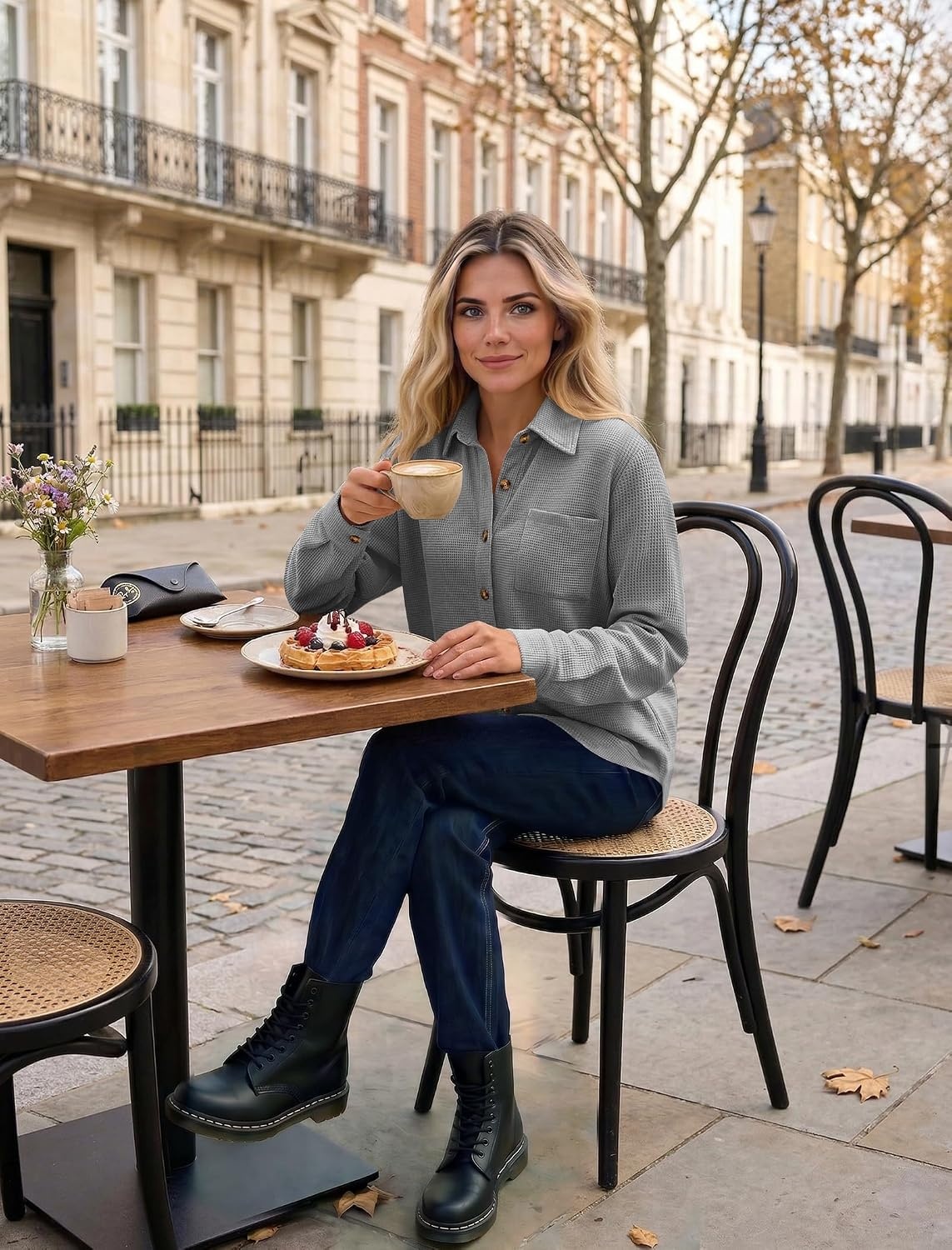 image:imageZeagoo Womens Waffle Knit Shacket Button Down Long Sleeve Tops with PocketGrey