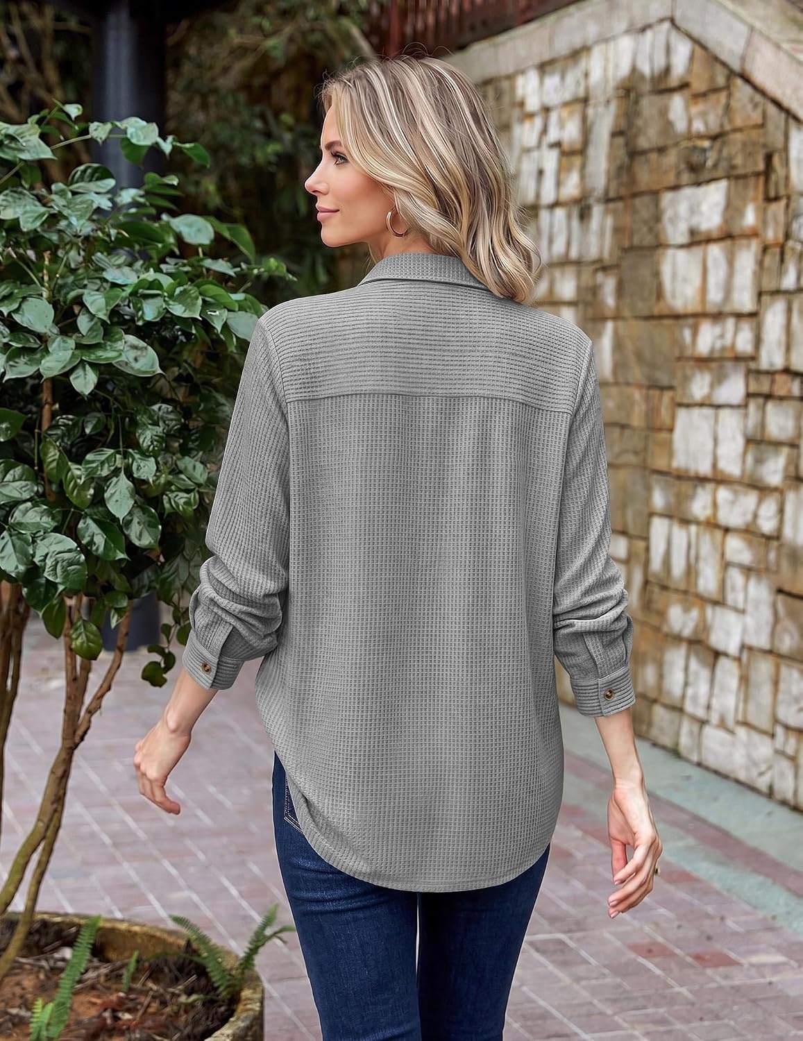 image:imageZeagoo Womens Waffle Knit Shacket Button Down Long Sleeve Tops with PocketGrey