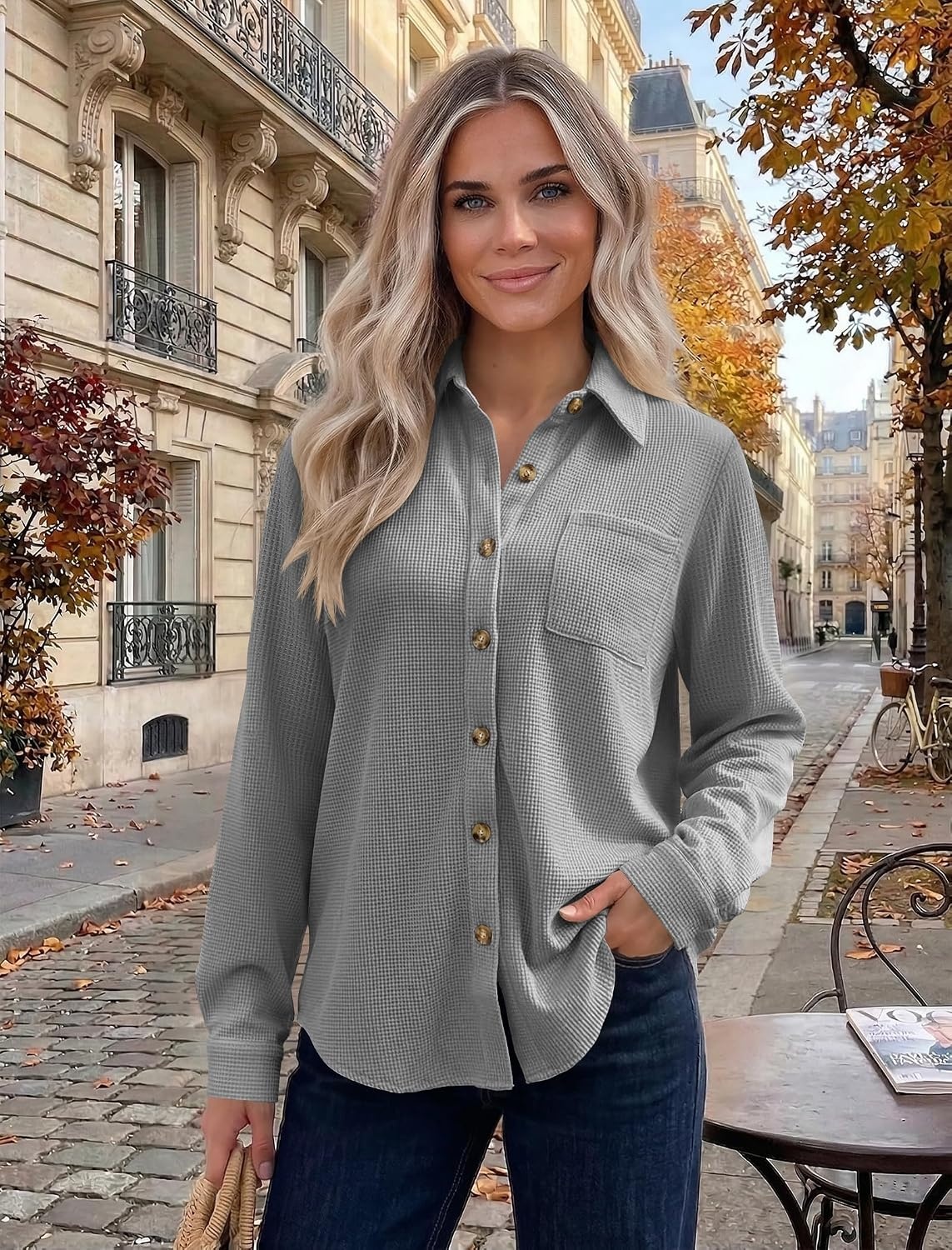 image:imageZeagoo Womens Waffle Knit Shacket Button Down Long Sleeve Tops with PocketGrey
