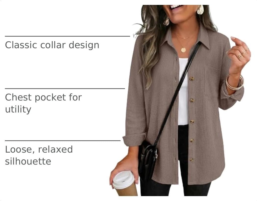 image:imageZeagoo Womens Waffle Knit Shacket Button Down Long Sleeve Tops with PocketKhaki