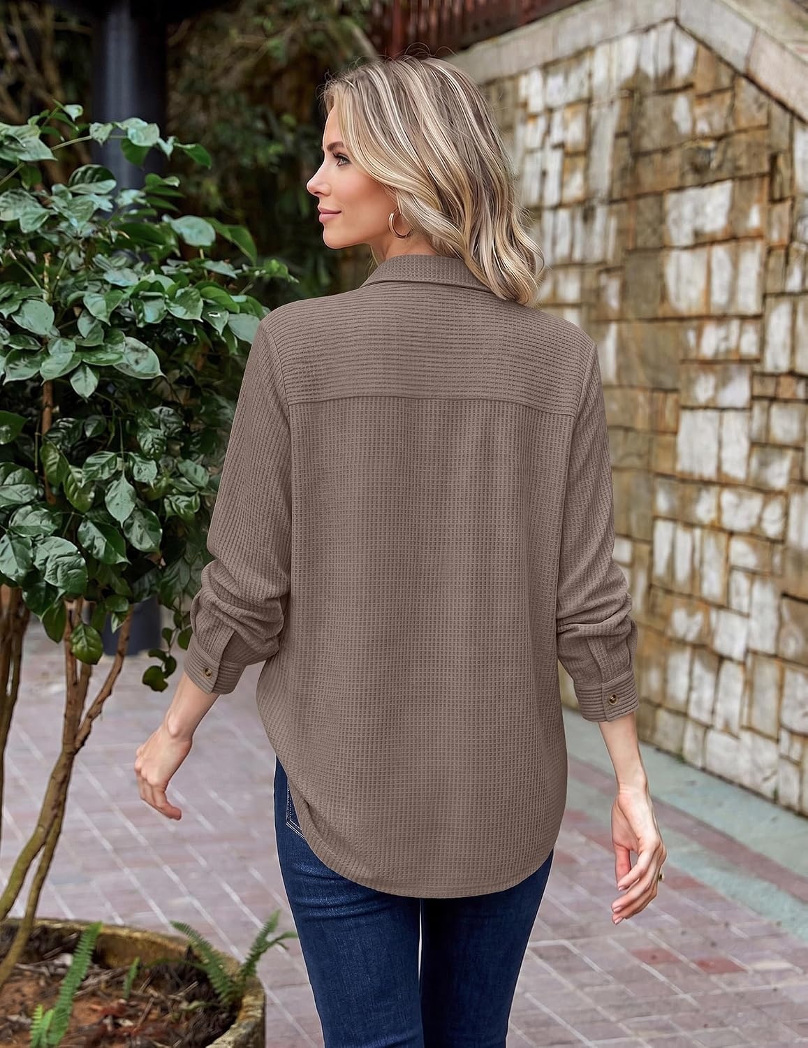 image:imageZeagoo Womens Waffle Knit Shacket Button Down Long Sleeve Tops with PocketKhaki