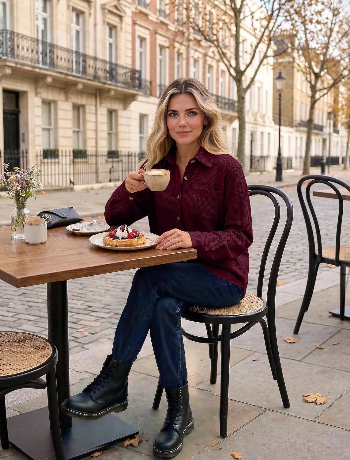 image:imageZeagoo Womens Waffle Knit Shacket Button Down Long Sleeve Tops with PocketWine Red