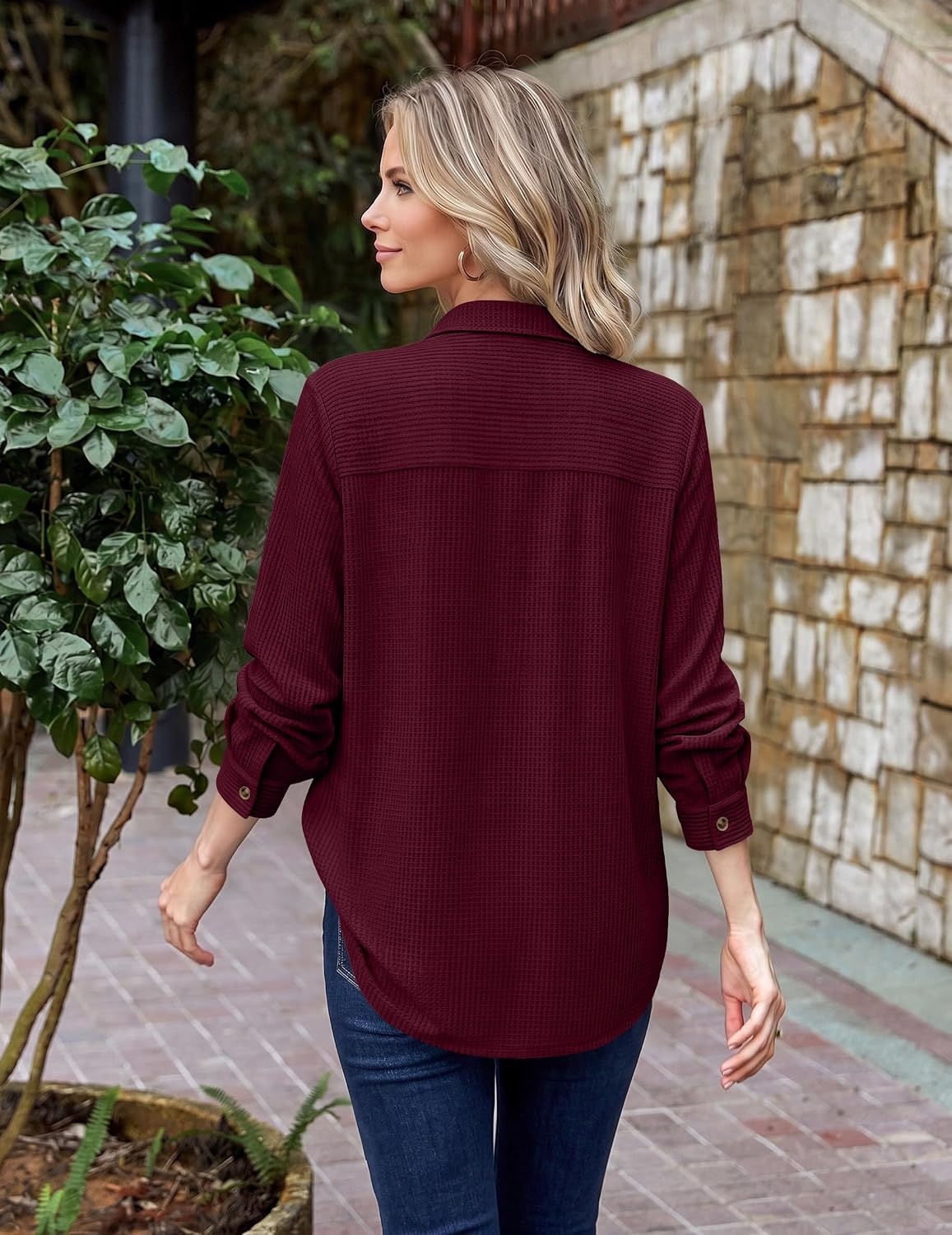image:imageZeagoo Womens Waffle Knit Shacket Button Down Long Sleeve Tops with PocketWine Red