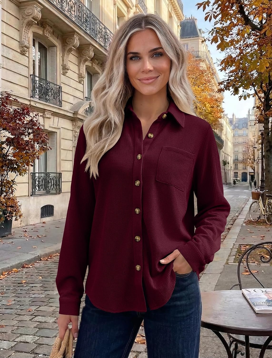 image:imageZeagoo Womens Waffle Knit Shacket Button Down Long Sleeve Tops with PocketWine Red