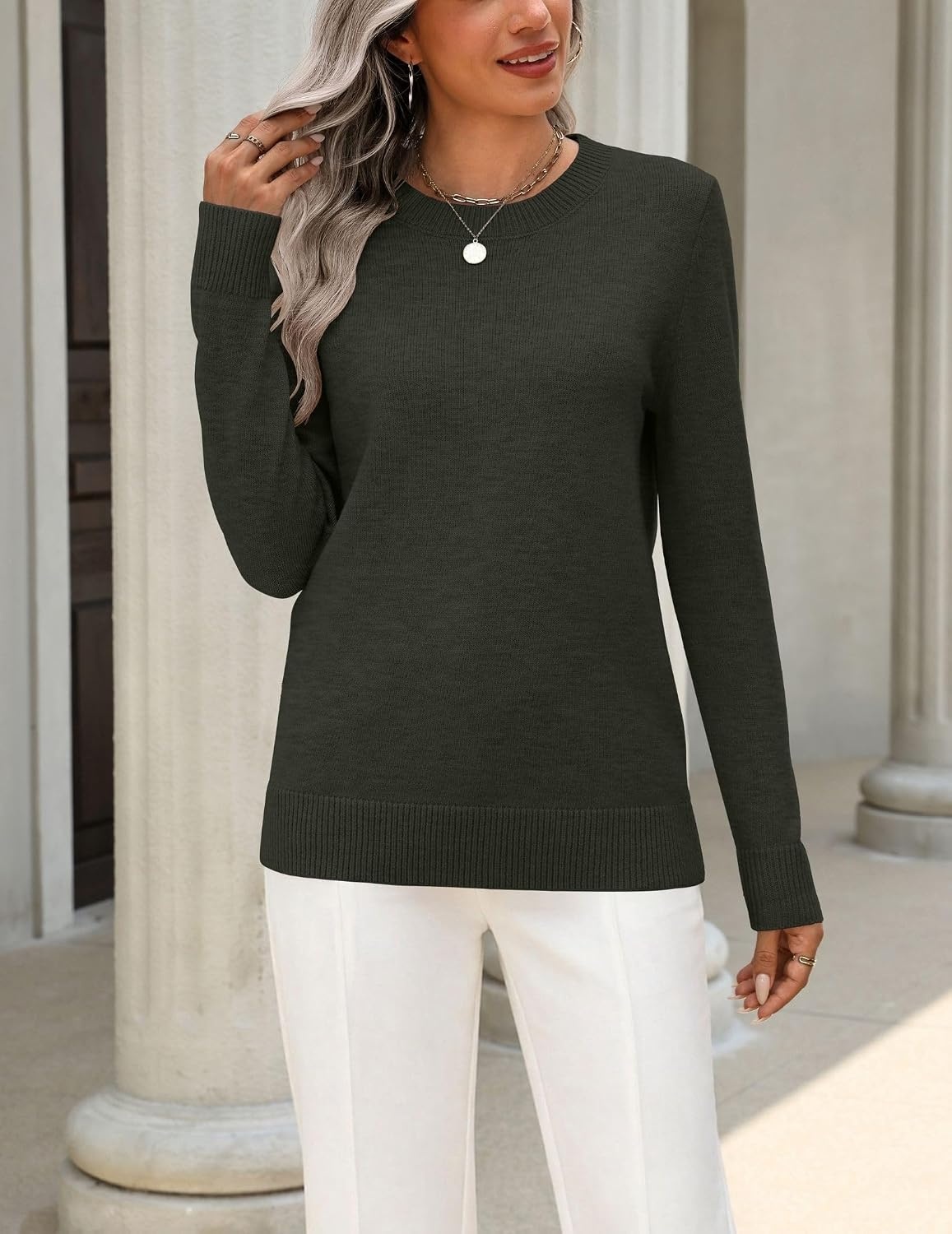 image:imageZeagoo Womens Wool Blend Sweater Crewneck Long Sleeve Tops Fashion ClothingArmy Green
