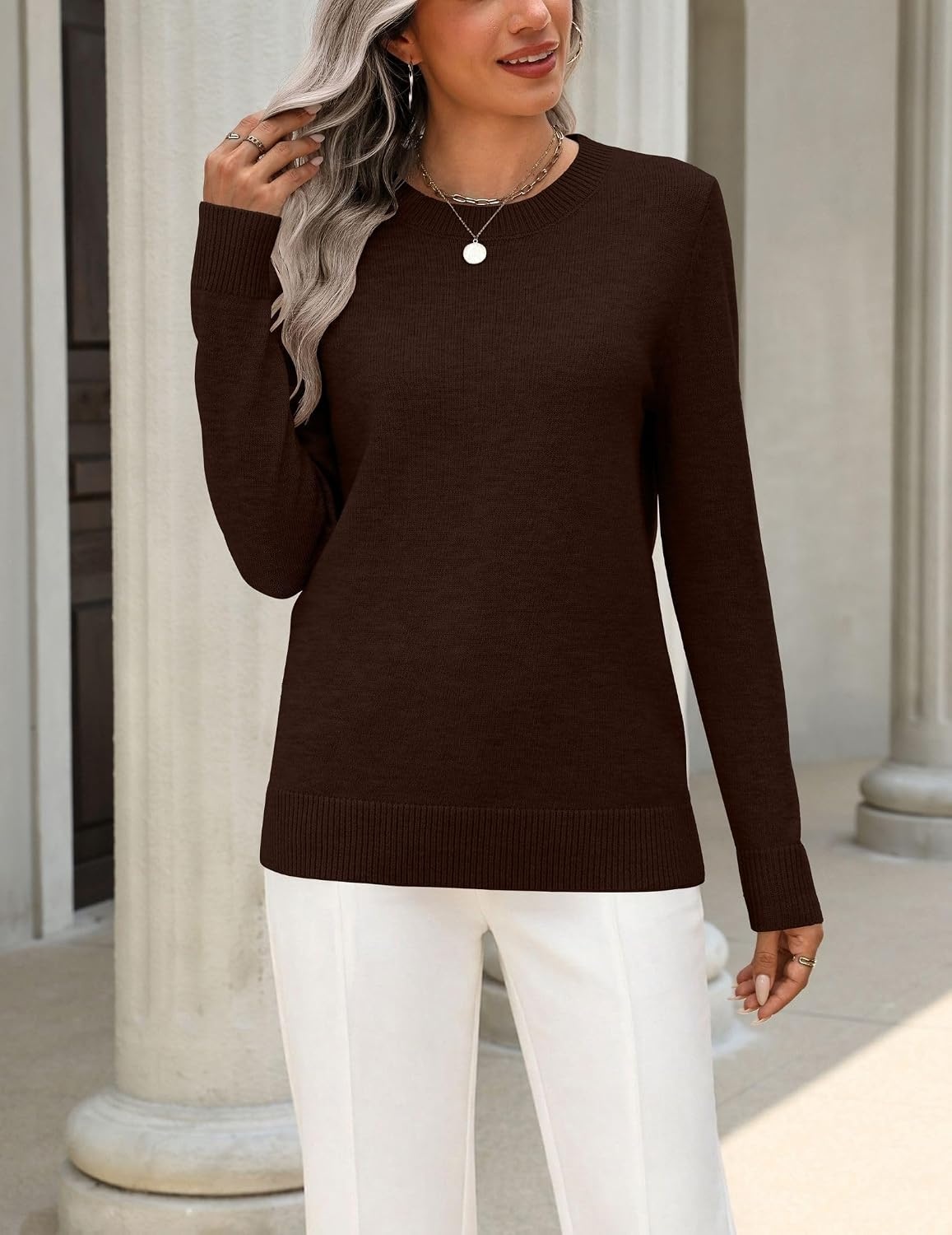 image:imageZeagoo Womens Wool Blend Sweater Crewneck Long Sleeve Tops Fashion ClothingCoffee