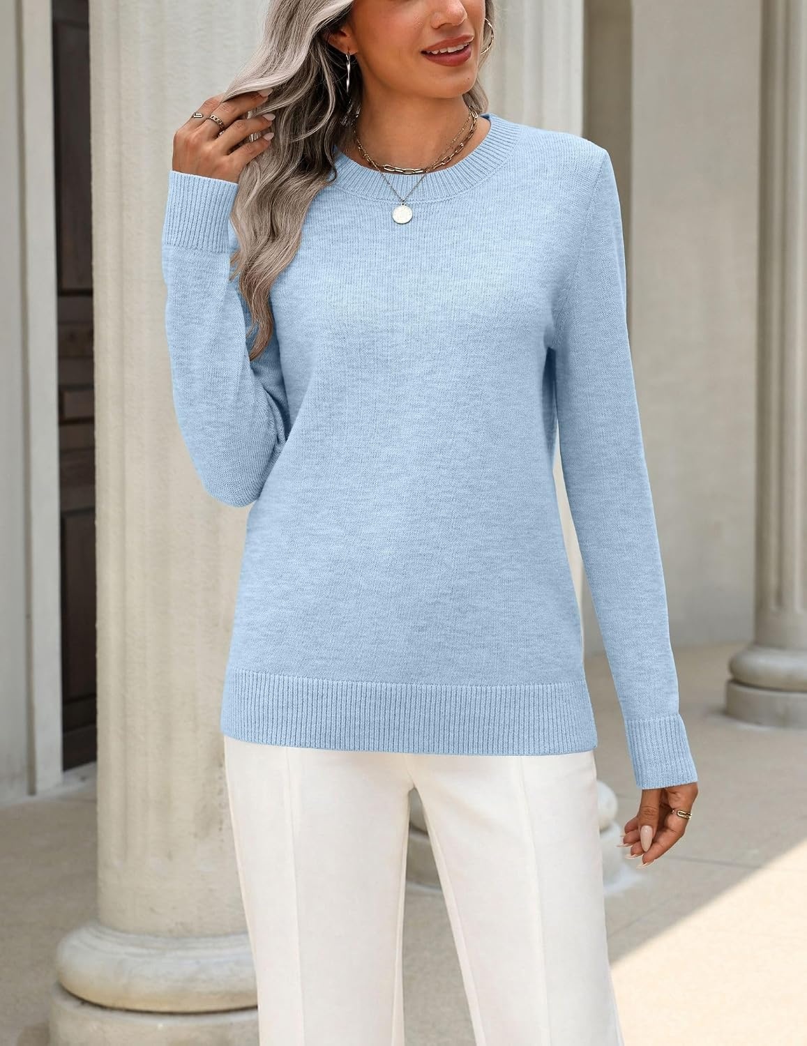 image:imageZeagoo Womens Wool Blend Sweater Crewneck Long Sleeve Tops Fashion ClothingLight Blue