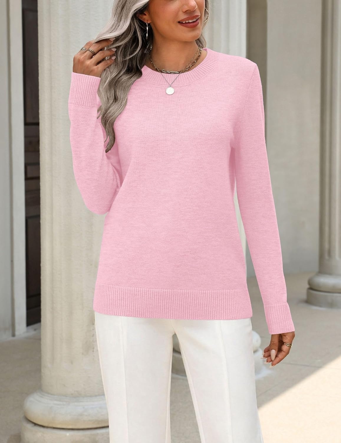 image:imageZeagoo Womens Wool Blend Sweater Crewneck Long Sleeve Tops Fashion ClothingPink