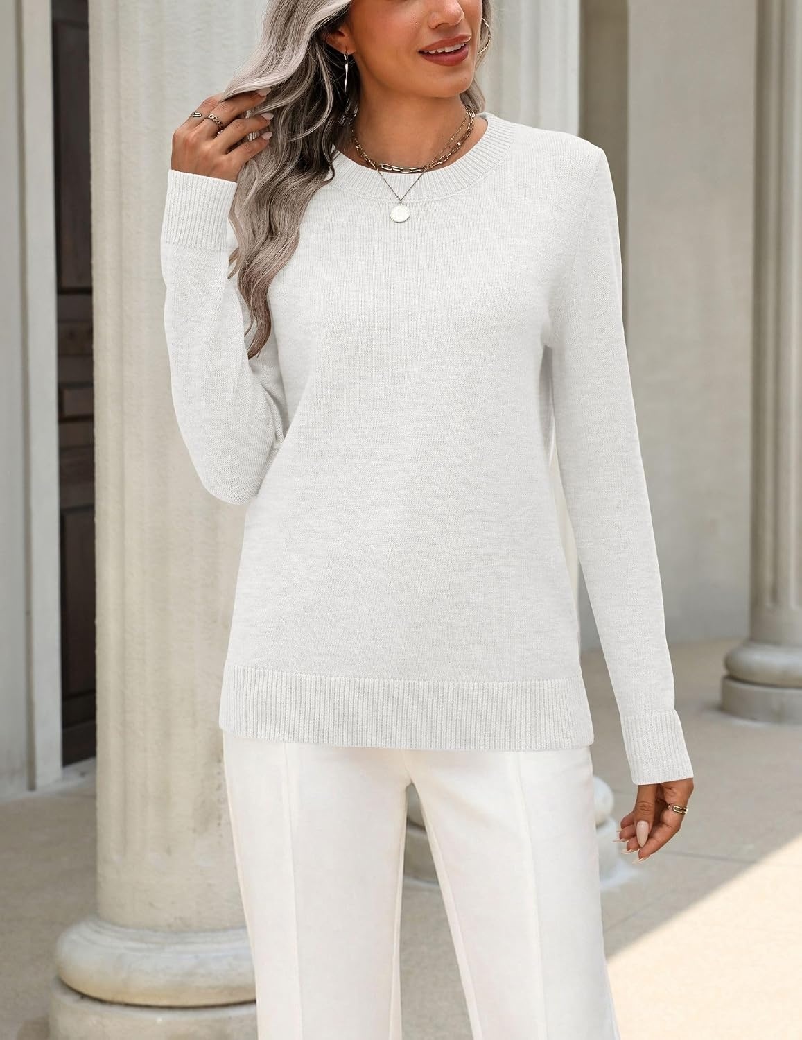 image:imageZeagoo Womens Wool Blend Sweater Crewneck Long Sleeve Tops Fashion ClothingWhite