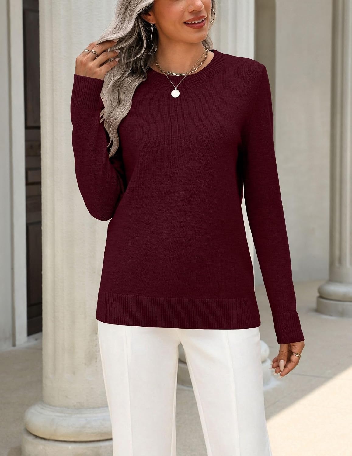 image:imageZeagoo Womens Wool Blend Sweater Crewneck Long Sleeve Tops Fashion ClothingWine Red