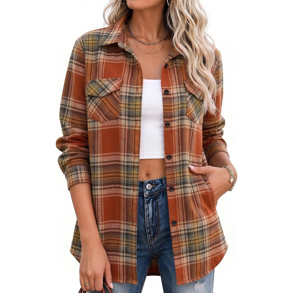 image:imageZeagoo Flannel Shirt Women Plaid Button Down Shackets Long Sleeve Fall Tops2orange Gw185