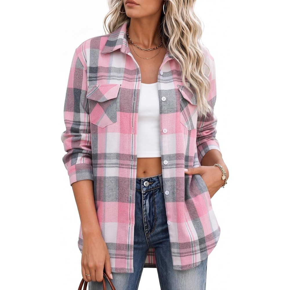 image:imageZeagoo Flannel Shirt Women Plaid Button Down Shackets Long Sleeve Fall TopsAlight Pinkgw298