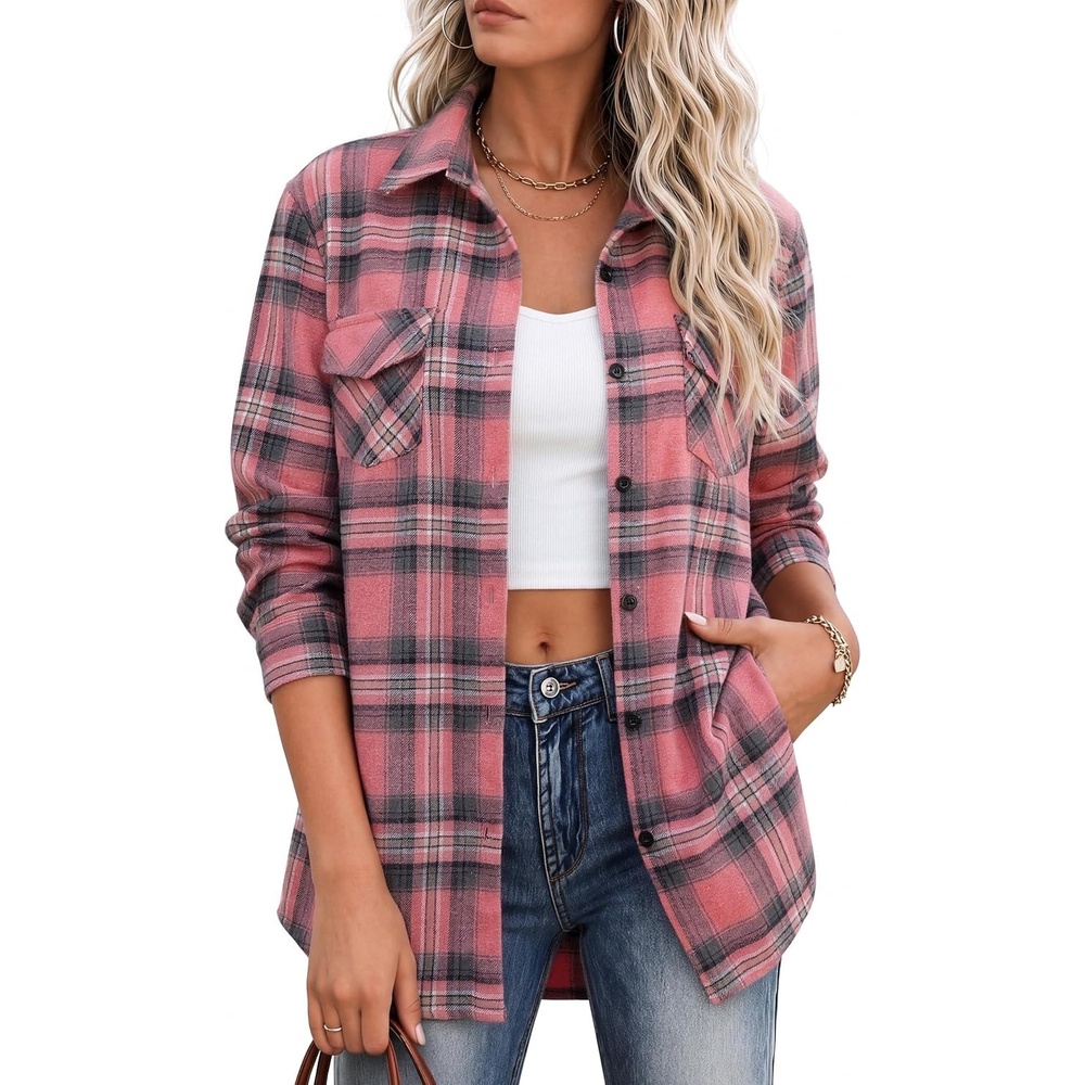 image:imageZeagoo Flannel Shirt Women Plaid Button Down Shackets Long Sleeve Fall TopsApinkgz720
