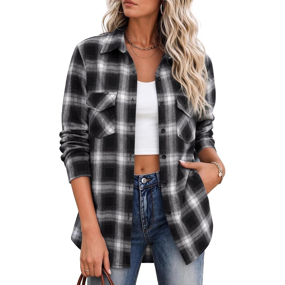 image:imageZeagoo Flannel Shirt Women Plaid Button Down Shackets Long Sleeve Fall TopsBlackgz564