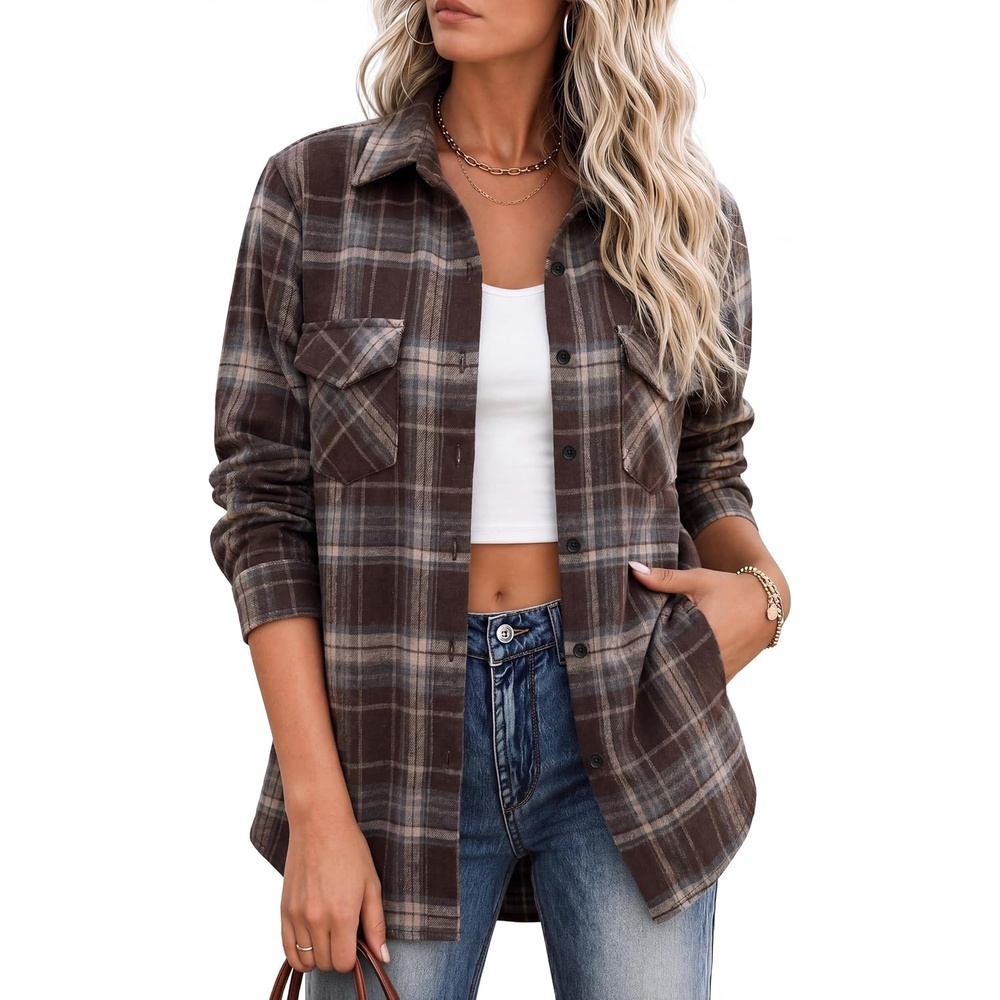 image:imageZeagoo Flannel Shirt Women Plaid Button Down Shackets Long Sleeve Fall TopsChocolategw542