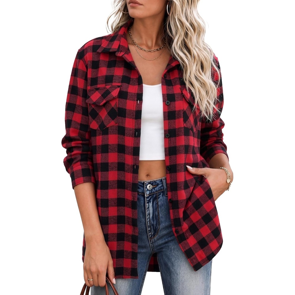 image:imageZeagoo Flannel Shirt Women Plaid Button Down Shackets Long Sleeve Fall TopsDark Redgz188