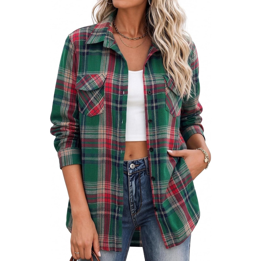 image:imageZeagoo Flannel Shirt Women Plaid Button Down Shackets Long Sleeve Fall TopsGreengw553