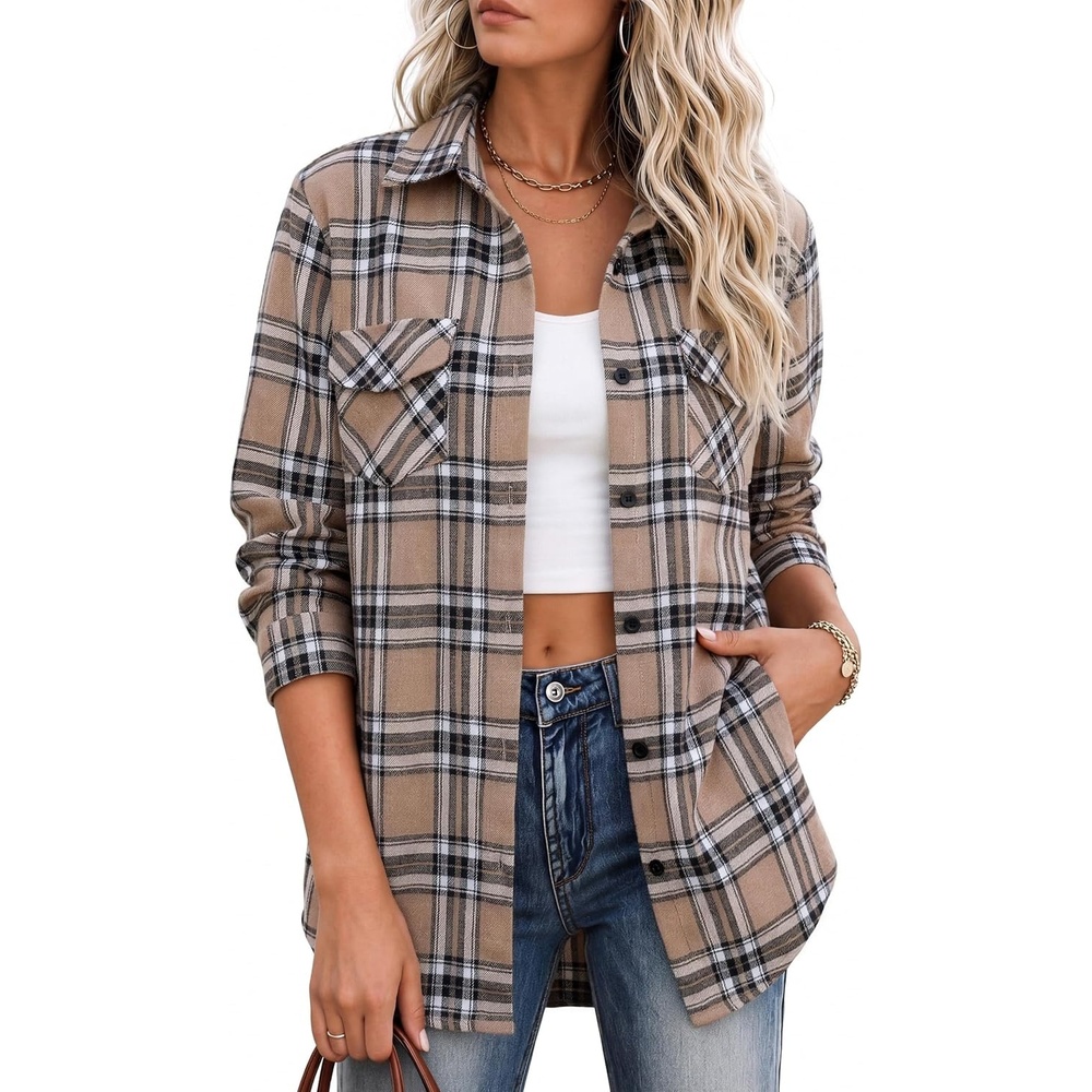 image:imageZeagoo Flannel Shirt Women Plaid Button Down Shackets Long Sleeve Fall TopsKhakigz991
