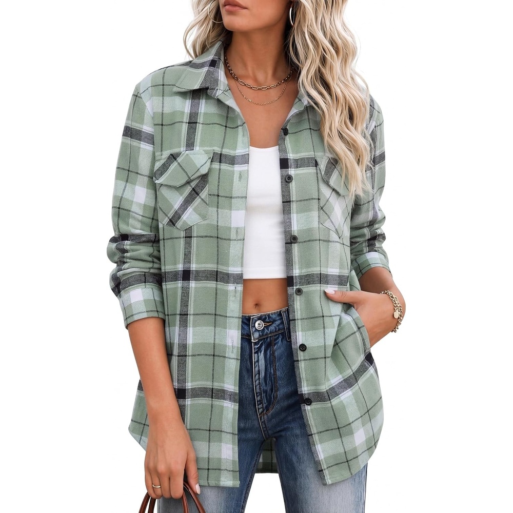 image:imageZeagoo Flannel Shirt Women Plaid Button Down Shackets Long Sleeve Fall TopsLight Greengw297