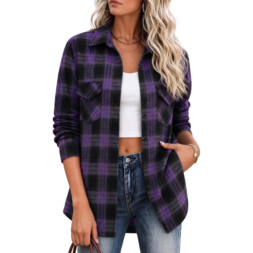 image:imageZeagoo Flannel Shirt Women Plaid Button Down Shackets Long Sleeve Fall TopsPurple Gw544