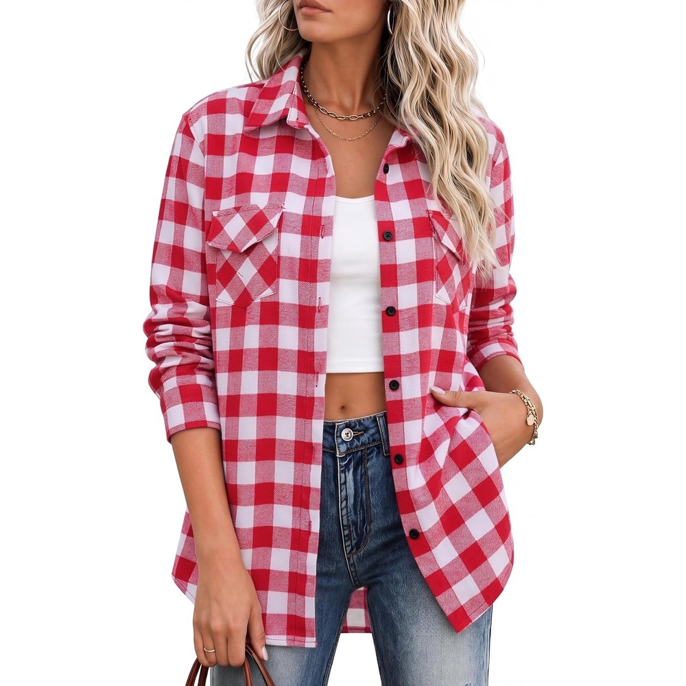 image:imageZeagoo Flannel Shirt Women Plaid Button Down Shackets Long Sleeve Fall TopsRed Whitegz192