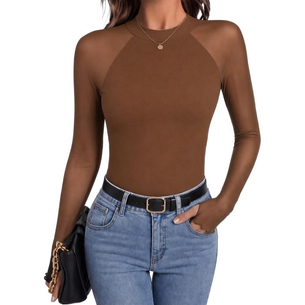 image:imageZeagoo Long Sleeve Shirts for Women Sheer Mesh Top Mock Neck Fitted BlousesBrown