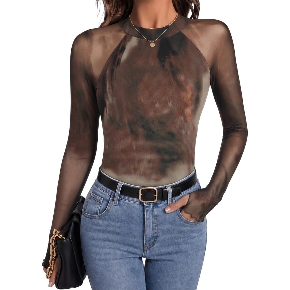 image:imageZeagoo Long Sleeve Shirts for Women Sheer Mesh Top Mock Neck Fitted BlousesCx291